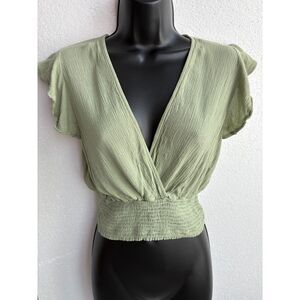 Final Touch Sage Green Blouse Flutter Sleeve Top Size M Crop Cinched Faux Wrap